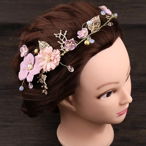 Serre-tête floral bohème rose et violet avec feuilles dorées et perles pour mariée