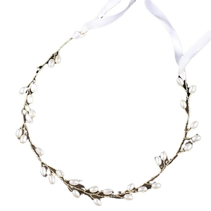 Bandeau de mariée élégant en fil doré orné de perles blanches et rubans en soie ajustables