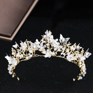 Couronne de Mariée Baroque en Alliage d'Or avec Fleurs et Papillons Künstliche Perles Strass Accessoires Cheveux Mariage pour Femme