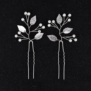 Lot de 2 épingles à cheveux mariage argentées avec feuilles et perles blanches pour mariée