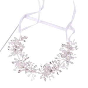 Handmade bridal leaf headpiece with white silk flowers and pearls on white ribbons
