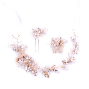 Parure d'accessoires de cheveux de mariée dorés avec feuilles et perles