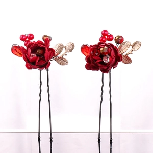 Handmade red rose hair pins with gold metal leaves and crystals for wedding accessories