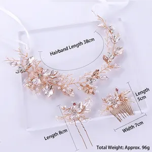Ensemble d'accessoires de cheveux de mariée dorés avec perles et peigne à feuilles