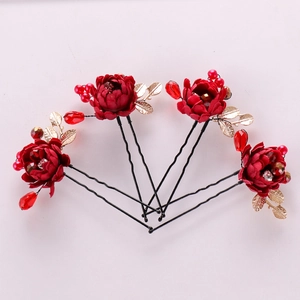 Set of 4 traditional Chinese U-shaped hair pins with red flowers and gold leaves