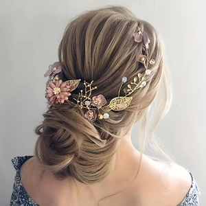 Vigne de Cheveux Mariage Fleurie Fait Main Rose Or Serre-tête Fleur en Tissu Künstliche Perles Strass pour Mariage Fête Femme Bijoux
