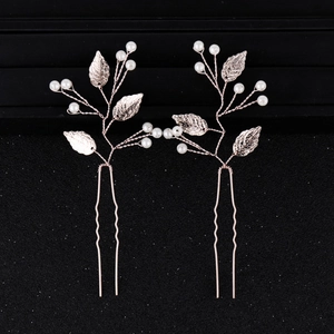 Ensemble d'épingles à cheveux feuilles en or rose avec perles blanches pour la mariée