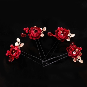 Vintage Alloy Red Flower Hair Sticks With Artificial Pearl Gold Leaf U-Shaped Hairpin For Wedding Kids Performance Accessories