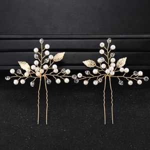 Ensemble d'épingles à cheveux de mariée dorées avec perles, cristaux et feuilles métalliques
