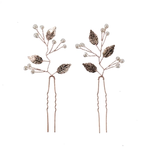 Set d'épingles à cheveux feuilles or rose avec perles faites main pour coiffure mariée
