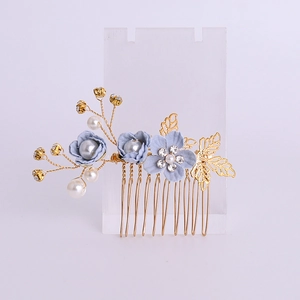 Blue floral hair comb set with gold wire, pearls and rhinestones for bridal hairstyle