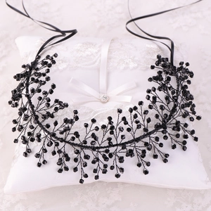 Handmade black beaded branch tiara with faceted crystals and satin ribbons for weddings