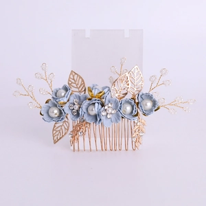 Blue floral hair comb set with golden leaves and pearls for wedding hair accessory