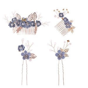 Blue floral bridal hair comb and pins set with pearls and rhinestones for weddings