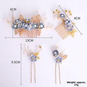 Detailed dimensions of blue flower hair comb set with pearls and rhinestones