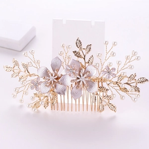 Exquisiter Braut-Haarkamm mit lila Farbverlauf-Blumen, Perlen und goldenen Blättern