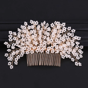 Bridal Artificial Pearl Hair Comb Handmade Gold Alloy Flower Hair Accessory For Wedding Party Women Elegant Headpiece Jewelry