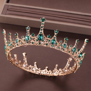 Vintage Gold Alloy Green Rhinestone Wedding Crown Tiara For Women Bridal Hair Accessories Birthday Party Headwear