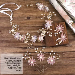 Parure florale rose de mariage avec bandeau de 45cm, épingles de 10cm et boucles