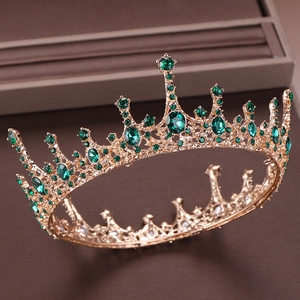 Elegant gold crown with green rhinestones for bridal wedding and birthday party hair accessory