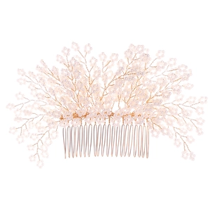 Handmade bridal hair comb with gold wire weaving and white pearl flower blossoms
