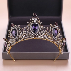 Vintage Baroque Purple Crystal Tiara Crown Gold Alloy Rhinestone Headpiece For Wedding Bridal Party Women Luxurious Hair Accessories
