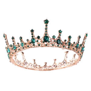 Vintage gold crown headpiece with emerald green rhinestones for bridal weddings
