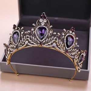 Vintage baroque gold crown with large purple gemstones and crystal rhinestones for weddings