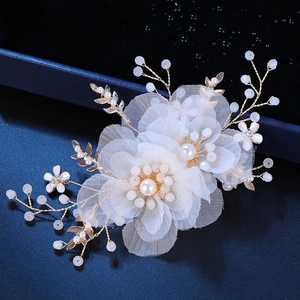 Handmade Bridal Hair Clip White Gauze Flower With Imitation Artificial Pearl Gold Alloy Leaf Forest Style Wedding Hair Accessory