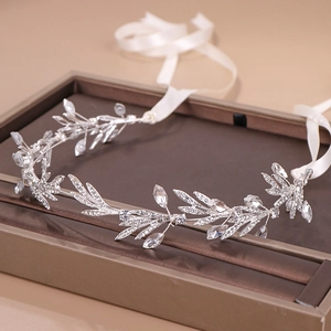 Elegant Leaf Rhinestone Bridal Headband Silver Alloy Hair Vine With White Ribbon For Wedding Party Women Hair Accessories