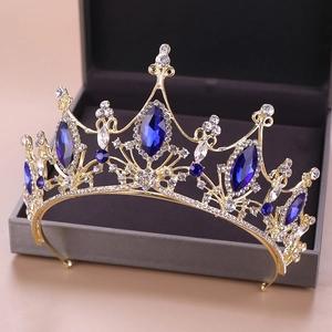 Corona da Sposa in Lega di Lusso con Strass Oro Blu Argento Cristallo Diadema Nuziale Copricapo da Regina Reale per Donna Gioielli