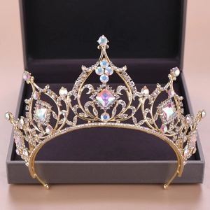 Luxurious Gold Alloy Crystal Tiara Baroque Iridescent Rhinestone Princess Crown For Wedding Birthday Event Hair Accessories
