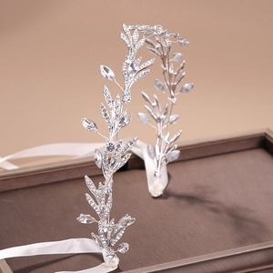 Silver leaf bridal headband with marquise rhinestones and white ribbon tie