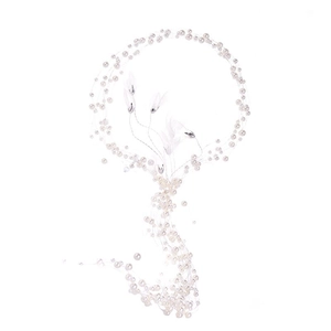 Elegant silver wire bridal hairband with white pearls and delicate feather accents