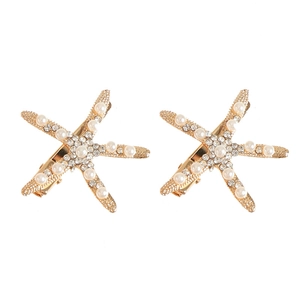 Paire de barrettes étoile de mer dorées avec perles blanches et strass brillants
