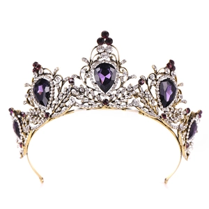 Baroque purple crystal crown with vintage gold alloy and red gemstone detailing