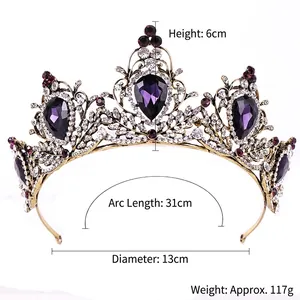 Baroque purple crystal crown with gold alloy filigree and rhinestones, 6cm high
