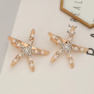 Détails des barrettes étoile de mer avec perles blanches et cristaux sur alliage doré