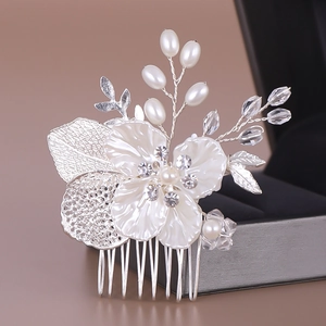 Peigne à Cheveux de Mariée Fait Main Fleur Blanche Imitation Künstliche Perle Strass Feuille d'Argent Coiffe de Mariage Bijoux de Banquet Femme