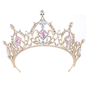 Elegant gold crown headpiece featuring white rhinestones and sparkling AB crystals
