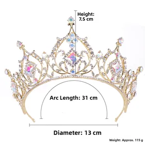 Detailed view of crystal bridal crown showing dimensions 7.5cm height and 31cm arc length