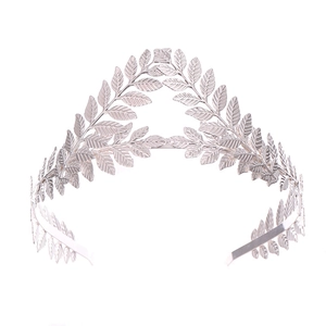 Detail of silver Greek goddess laurel leaf crown headband with symmetrical double row design