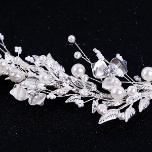 Handmade bridal hair band with silver leaves, white pearls and sparkling zircons