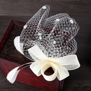 Elegant cream mesh bow hair clip with vintage white feathers and polka dot bridal veil