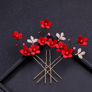 Set di 3 forcine per capelli con fiori rossi, cristalli e foglie dorate per acconciatura