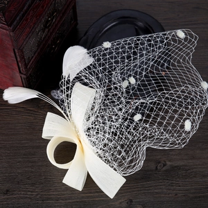 Elegant white mesh veil hair clip with feathers and polka dots for evening parties