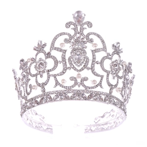 Barock Silber Krone Haarschmuck mit weißen Strasssteinen und Perlen für Festzüge und Brautmode