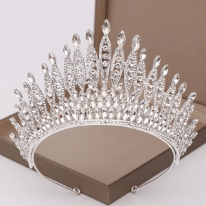 Silver crystal bridal tiara crown with marquise-cut rhinestones for weddings and pageants