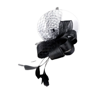 Elegant black fascinator with mesh veil, satin bow, and feathers for formal events