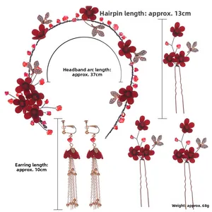 Dettaglio del set per capelli da sposa con perline floreali rosse e trame dorate